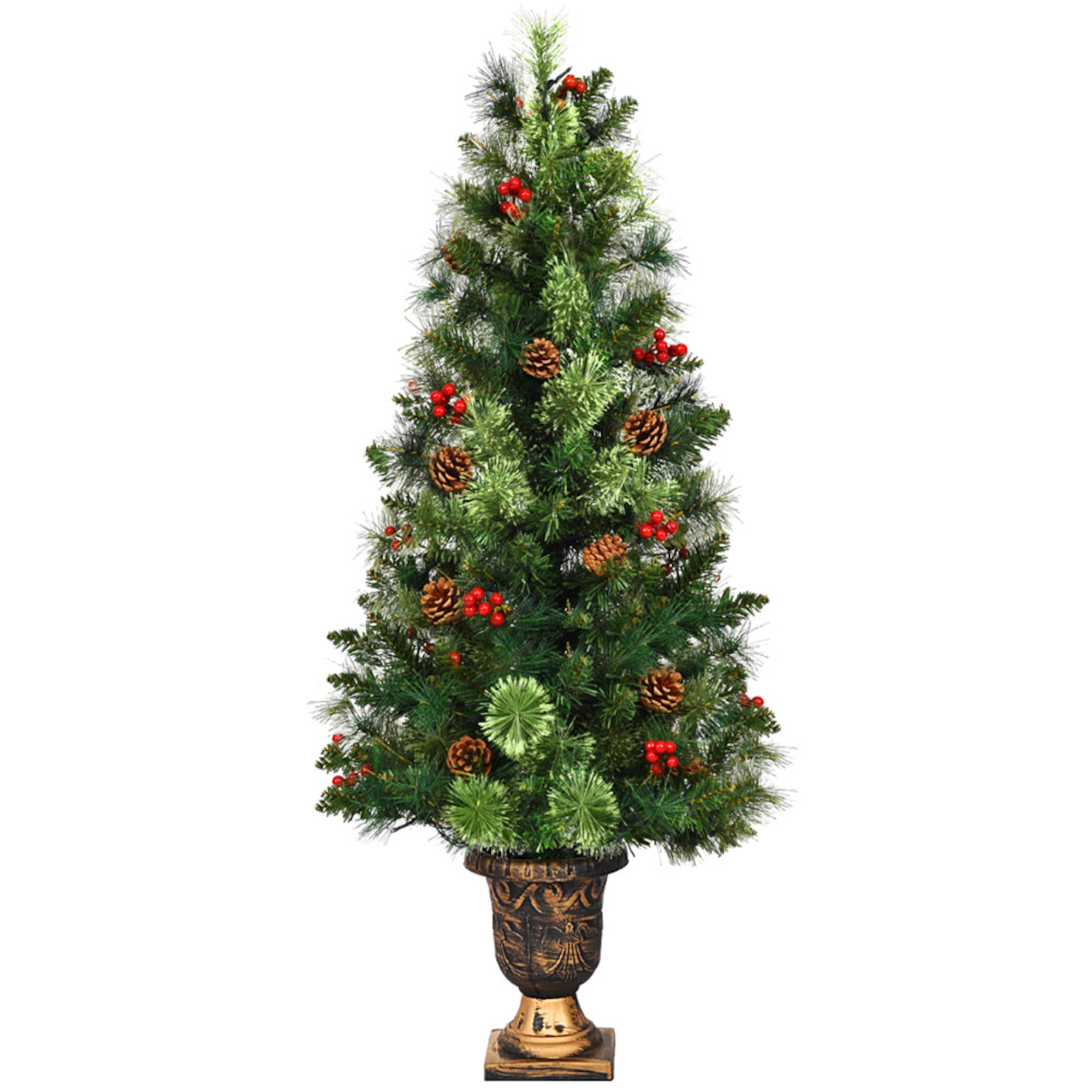 Costway 5ft Pre-Lit Entrance Fir Artificial Christmas Tree in Gold Urn Planter, Warm White LED Lights